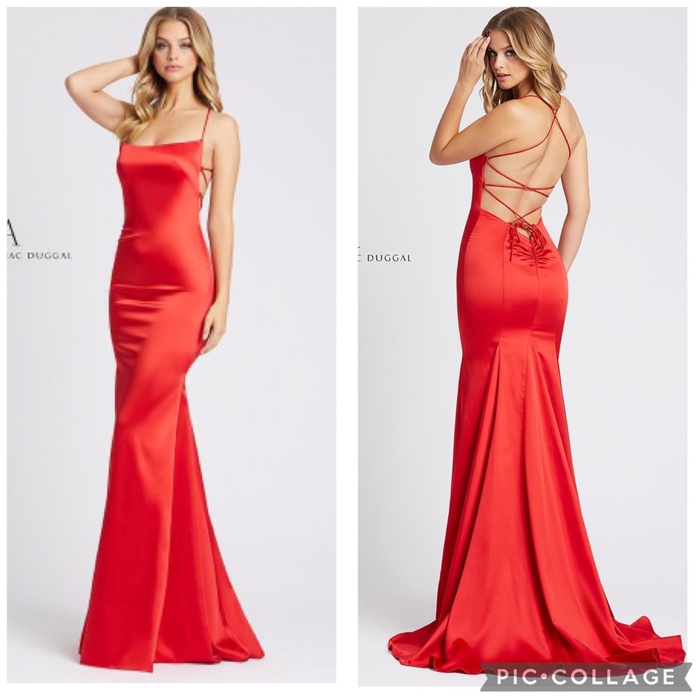 Ieena For Mac Duggal Red Lace Up Back Gown 4